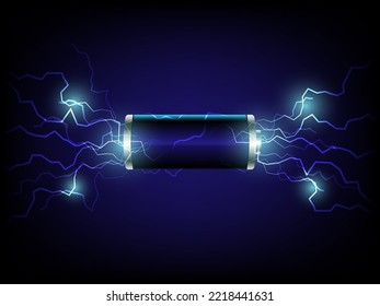 Realistische 3D-Blitzbatterie, Vektordesign-Illustration. Li-Ion A Zellbatterie auf dunkelblauem Hintergrund. Design für Werbung, Banner in Elektrizitätsenergie und Technologie.