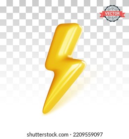 Realistic 3D lightning bolt icon. Conceptual sign of thunderstorm, electricity, battery or electric vehicle. Vector illustration on transparent background