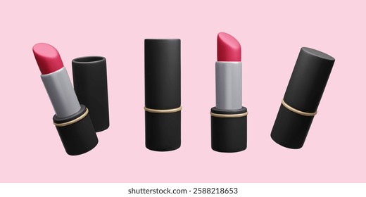 Realistic 3D lipstick vector illustration collection. Red lip stick in a black makeup case packaging set. Luxury glamour beauty make-up decorative cosmetic products. Korean skincare 3D render.