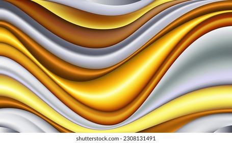 Papel de fondo abstracto del líquido de fondo 3d líquido dinámico real de plata dorada. Diseño de concepto creativo al estilo plástico. Ilustración del vector