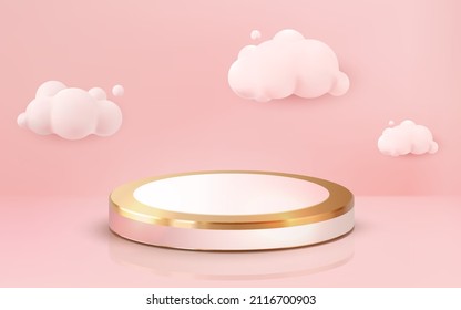 realistic 3d luxury gold pink pastel podium golden stage on pink background. background vector 3d pink rendering with podium and cloud white scene, cloud 3d minimal background 3d.