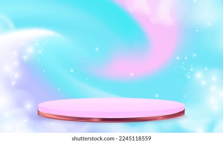 Realistic 3d luxury gold pink pastel circle podium golden stage on fantasy sky pastel color background. Vector Realistic 3D Luxury for Stage pedestal platform, Product presentation, Showcase. Vector