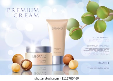 Realistic 3d macadamia nut oil cosmetic ad template. Soft color light white silver essence tube mockup serum face hair care. Promotional poster template vector illustration