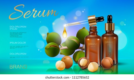 Realistic 3d macadamia nut oil cosmetic ad template. Light blue sunny sky transparent glass essence bottle pipette serum face hair care. Promotional poster template droplet vector illustration