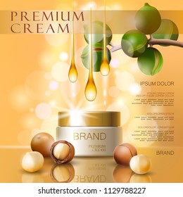 Realistic 3d macadamia nut oil cosmetic ad template. Light pink shiny serum cream mockup beauty skin care. Promotional poster template background vector illustration