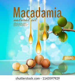Cubierta cosmética de aceite de nuez macadamia 3d realista y plantilla. La rama no deja nada. Cuidado de belleza luminoso y soleado en verano. Ilustración vectorial desenfocada de la plantilla de afiches detallada promocional