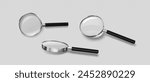 Realistic 3d magnifier glass in different angles of view. Vector illustration set of magnify with plastic handle, metal frame and transparent zoom lens for search and focus concept. Magnify loupe tool