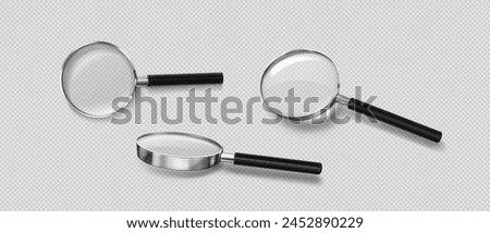 Realistic 3d magnifier glass in different angles of view. Vector illustration set of magnify with plastic handle, metal frame and transparent zoom lens for search and focus concept. Magnify loupe tool