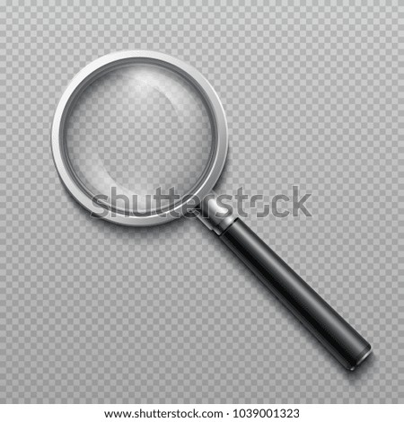 Realistic 3d magnifying glass. Vector zoom lens magnifier isolated on transparent background. Magnifying equipment instrument, magnifier loupe transparent illustration