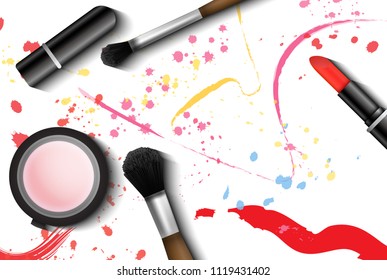 Realistic 3d makeup set cosmetic. Eyeliner brush, lipstick and powder ads illustration. Advertisement template professional mockup.
