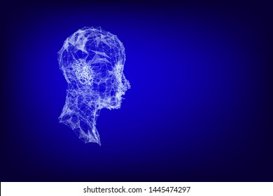 Realistic 3d man head polygonal skin. Abstract lines, triangles and particle style design. Illustration vector