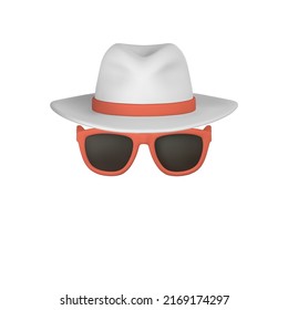 Realistic 3d mans hat and sunglasses  on white background. Summertime object. Vector illustration. svg