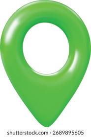 Realistic 3D map pin icon, bright green, with highlights, front view. Geolocation, location for apps. Route, road, destination. GPS navigation, coordinates. Vector illustration. Isolated icon.