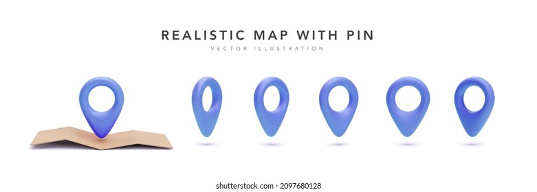 Realistic 3d map with set of blue pointer in different views isolated on white background. Vector illustration