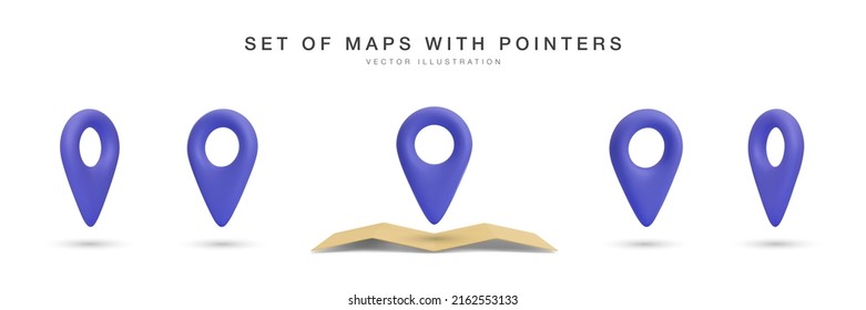 Realistic 3d map with set of blue pointer in different views isolated on white background. Vector illustration