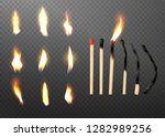 Realistic 3d match stick and different flame icon set, closeup isolated on transparent background. Whole and burnt matchstick. Stages of burning the match. Symbol of ignition. Vector illustration.