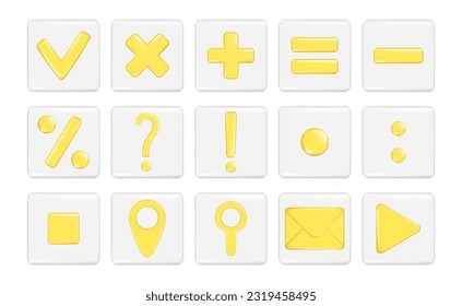 Realistic 3d mathematical symbol, location, mail envelope, search location, gps pointer marker, exclamation, question, percent, attention or caution icon, play and check sign on rounded square shape.