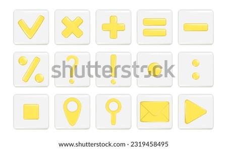 Realistic 3d mathematical symbol, location, mail envelope, search location, gps pointer marker, exclamation, question, percent, attention or caution icon, play and check sign on rounded square shape.