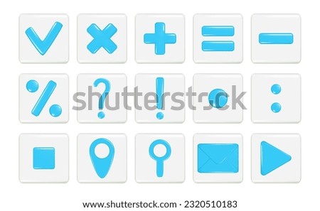 Realistic 3d mathematical symbol, location, mail envelope, search location, gps pointer marker, exclamation, question, percent, attention or caution icon, play and check sign on rounded square shape.