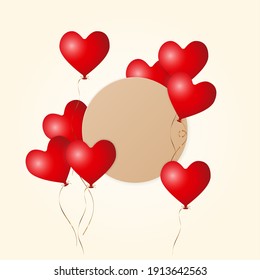 realistic 3d matt red flying heart balloons with golden ribbon and falling gold colored confetti, stock vector illustration layout, design element for header banner, poster, card design