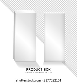 Cajas de productos blancos reales 3d mate. Paquetes de plástico o papel altos aislados. Vista frontal y perspectiva de la maqueta rectangular de cajas cosméticas o médicas. Contenedores de vectores, cajas de envío