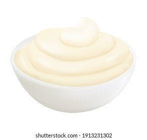 Realistic 3d mayonnaise in small round bowl. Creamy sauce isolated on white background, side view.Condiment in ramekin vector illustration.