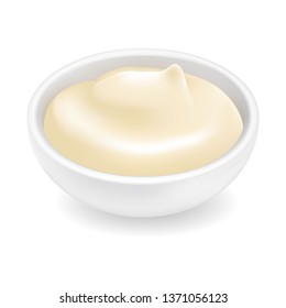 Realistic 3d mayonnaise or sour cream in a round bowl. Creamy sauce, yoghurt isolated on white background. Yogurt dressing in ramekin. Side view, realism. Vector design illustration
