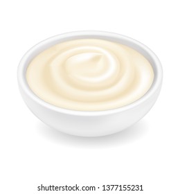 Realistic 3d mayonnaise or sour cream in a round bowl. Creamy sauce, yoghurt isolated on white background. Yogurt dressing in ramekin. Side view, realism. Vector design illustration