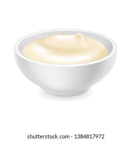 Realistic 3d mayonnaise or sour cream in a round bowl. Creamy sauce, yoghurt isolated on white background. Yogurt dressing in ramekin. Side view, realism. Vector design illustration