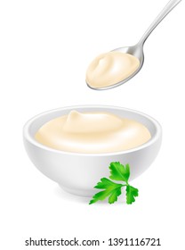 Realistic 3d mayonnaise or sour cream in a round bowl and spoon with parsley. Creamy sauce, yoghurt isolated on white background. Yogurt dressing in ramekin. Side view, realism. Vector design