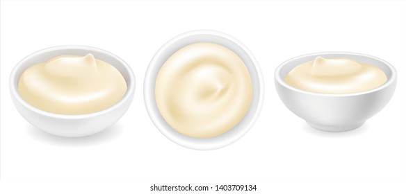 Realistic 3d mayonnaise or sour cream in a round bowl set. Creamy sauce, yoghurt isolated on white background. Yogurt dressing in ramekin. Side top view, realism. Vector design illustration