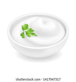 Realistic 3d mayonnaise or sour cream in a round bowl. Creamy sauce, yoghurt isolated on white background. Yogurt dressing in ramekin. Side view, realism. Vector design illustration