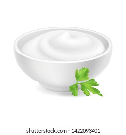 Realistic 3d mayonnaise or sour cream in a round bowl. Creamy sauce, yoghurt isolated on white background. Yogurt dressing in ramekin. Side view, realism. Vector design illustration