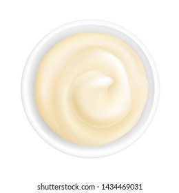 Realistic 3d mayonnaise or sour cream in a round bowl. Creamy sauce, yoghurt isolated on white background. Yogurt dressing in ramekin. Top view, realism. Vector design illustration