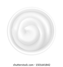 Realistic 3d mayonnaise or sour cream in a round bowl. Creamy sauce, yoghurt isolated on white background. Yogurt dressing in ramekin. Top view, realism. Vector design illustration in flat lay style