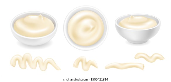 Realistic 3d mayonnaise or sour cream in a round bowl set. Creamy sauce, yoghurt drops isolated on white background. Yogurt dressing in ramekin. Side top view, realism. Vector design illustration