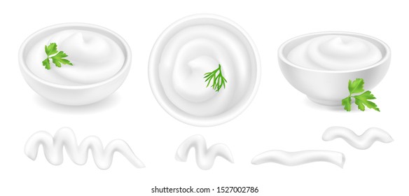 Realistic 3d mayonnaise or sour cream in a round bowl set. Creamy sauce, yoghurt drops isolated on white background. Yogurt dressing in ramekin. Top view, realism. Vector design illustration in flat