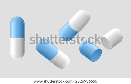Realistic 3D medical capsules isolated on light background. Set of colorful pills icons, opened and closed in different positions. Medical healthcare illustration.