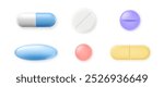 Realistic 3D medical capsules, tablets, pills isolated on white background. Set of colorful pills icons, medicine drugs. Medical healthcare illustration.