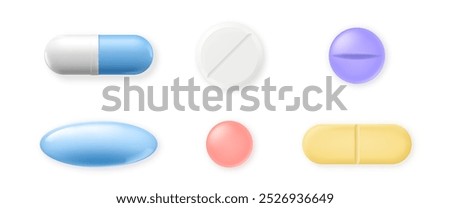 Realistic 3D medical capsules, tablets, pills isolated on white background. Set of colorful pills icons, medicine drugs. Medical healthcare illustration.