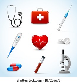 Realistic 3d Medical Emergency First Aid Care Icons Set With Heart Pill Thermometer Isolated Vector Illustration