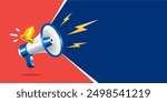 Realistic 3d megaphone with bell vector, shouting loudspeaker with lightning banner. concept of join us, job vacancy and announcement in modern style. Social media marketing symbol concept.