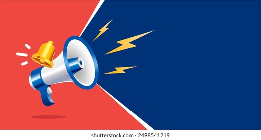 Realistic 3d megaphone with bell vector, shouting loudspeaker with lightning banner. concept of join us, job vacancy and announcement in modern style. Social media marketing symbol concept.