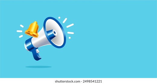 Realistic 3d megaphone with bell vector, shouting loudspeaker with lightning banner. concept of join us, job vacancy and announcement in modern style. Social media marketing symbol concept.