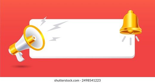 Realistic 3d megaphone with bell vector, shouting loudspeaker with lightning banner. concept of join us, job vacancy and announcement in modern style. Social media marketing symbol concept.