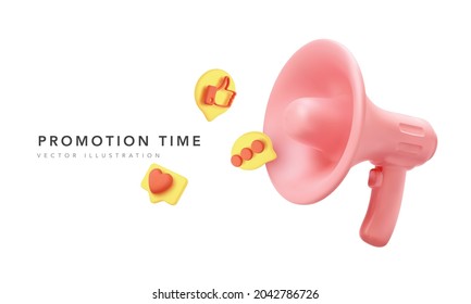 Realistic 3D megaphone with icons flying from it isolated on white background. Vector illustration