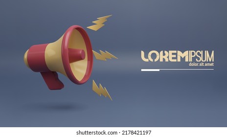 Realistic 3d megaphone, loudspeaker with lightning bolts. Vector illustration