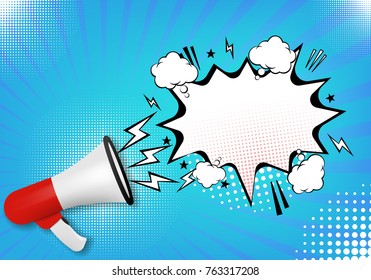  Realistic 3d megaphone on halftone background. Vector illustration. Eps 10.