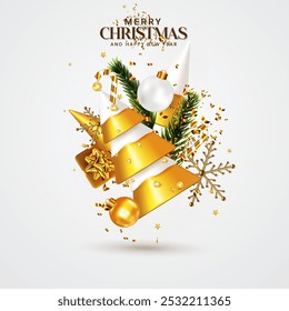 Realistic 3D Merry Christmas vertical poster design with Xmas ball, gift box, golden color glitter effect, and snow. Merry Christmas decoration design with Christmas elements. Luxury Xmas banner. 