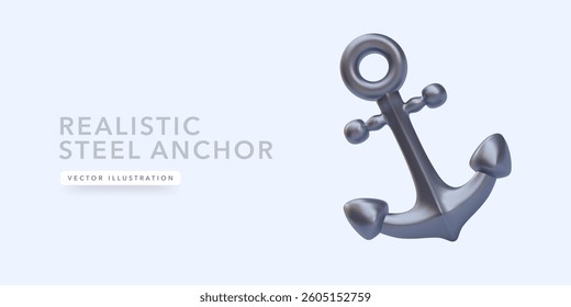 Realistic 3d metal anchor isolated on light background. Vector illustration